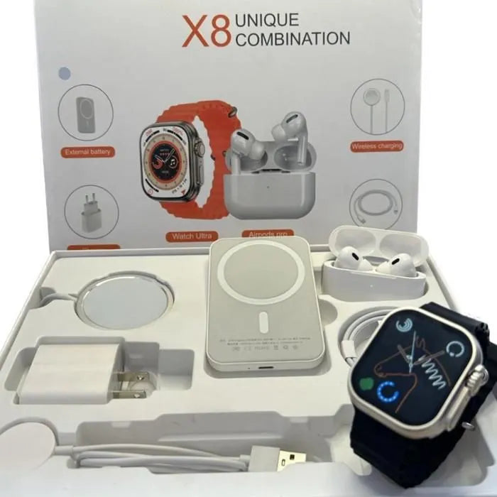 Reloj En Combo X8 con Batería externa,Smartwatch,Audífonos inalámbricos,Base de carga inalámbrica,Cargador de pared.: